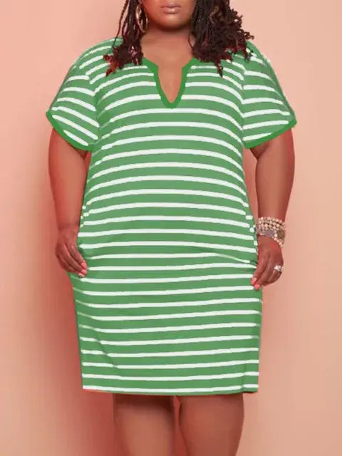 V Neck Striped Pocket Midi Dress